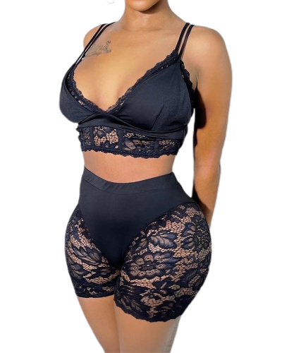 Women Sleeveless Lace Patchwork Short Sets Two Pieces Outfit Black S-2XL