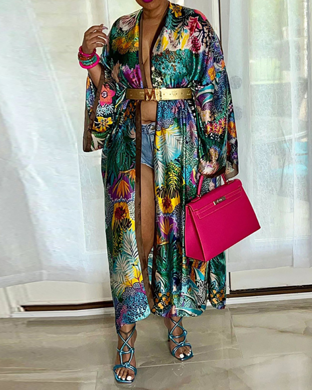 Summer Long Sleeve Fashion Simulated Silk Multi-print Casual Women Coats (NO Waist Bands)