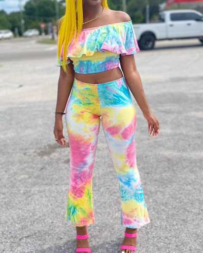 Colorful Fashion Women Tie Dye Ruffles Off Shoulder Crop Top Wide Leg Pants Sets Two Pieces Outfit S-XL