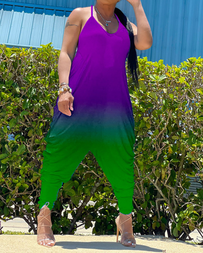 Women Sleeveless V-neck Backless Gradients Jumpsuits Red Purple Green S-3XL