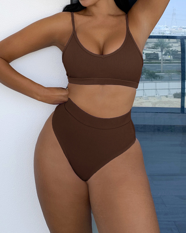 Solid Color High Waist Women Swimwear Bikini Set S-L