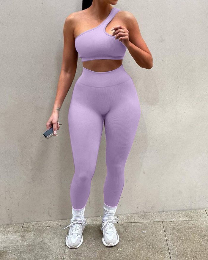 Women Solid Color Slash Neck Slim Tight Sport Wear Fashion Pants Sets Two Pieces Outfit S-2XL