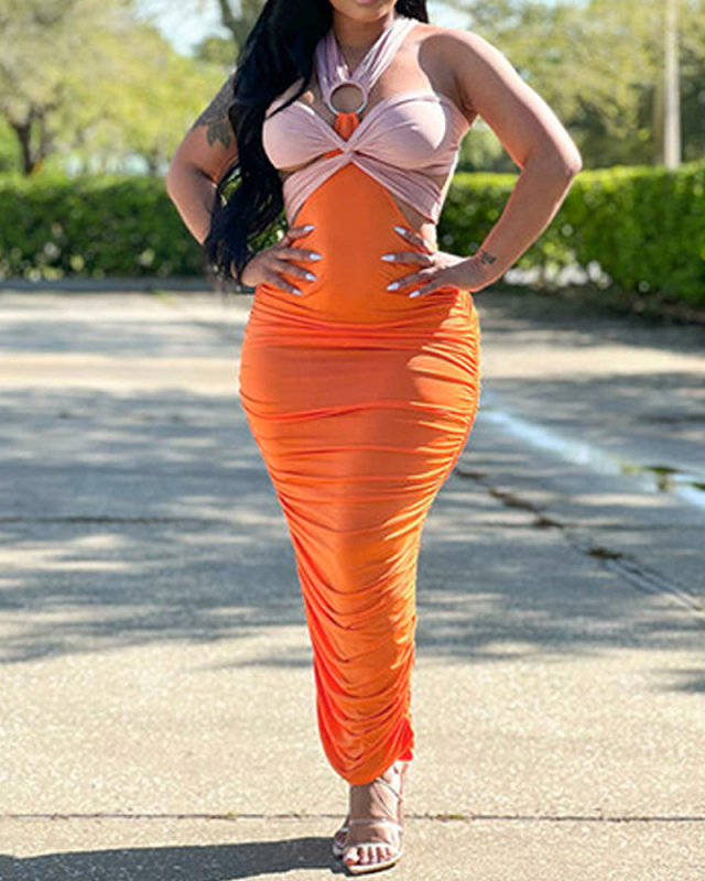 Fashion Sexy Women Backless Ruched Casual Colorblock Maxi Dresses Rosy Orange Yellow S-2XL