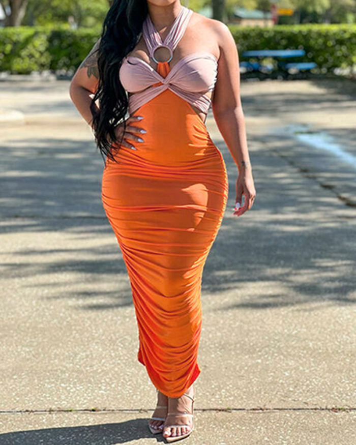 Fashion Sexy Women Backless Ruched Casual Colorblock Maxi Dresses Rosy Orange Yellow S-2XL
