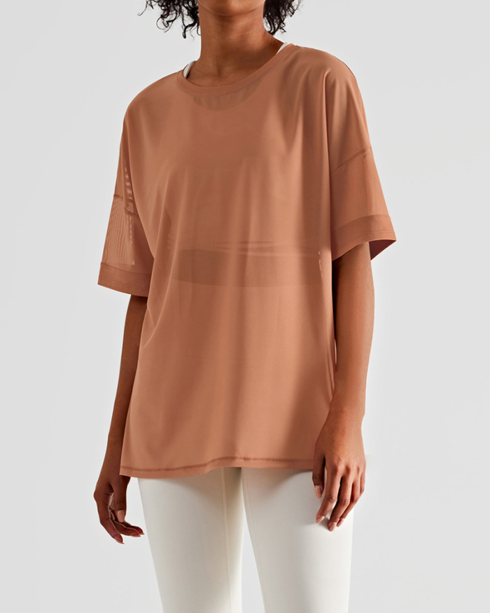Women Sheer O-neck Sports Mesh Yoga Tops T-shirts Orange White Gray Black 4-10