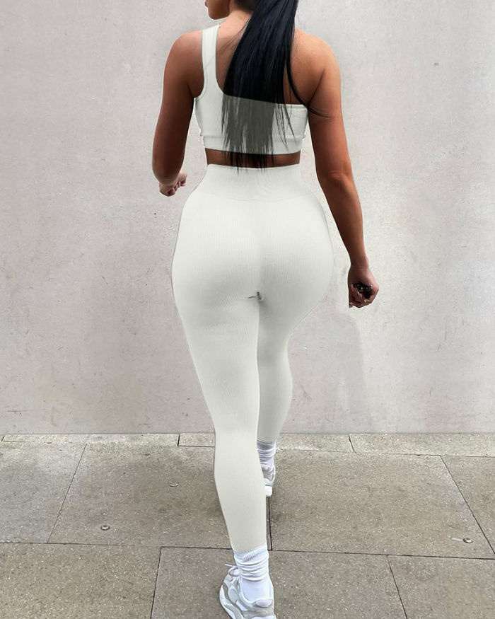 Women Solid Color Slash Neck Slim Tight Sport Wear Fashion Pants Sets Two Pieces Outfit S-2XL