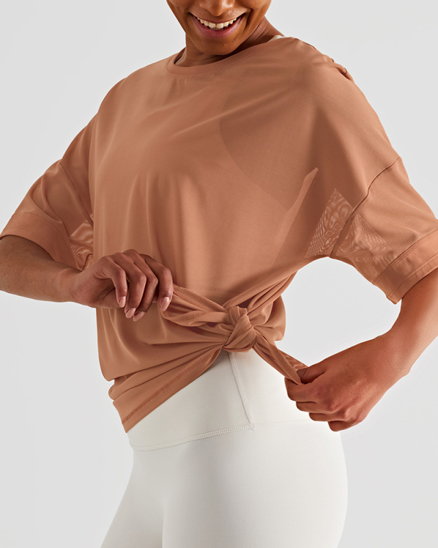 Women Sheer O-neck Sports Mesh Yoga Tops T-shirts Orange White Gray Black 4-10