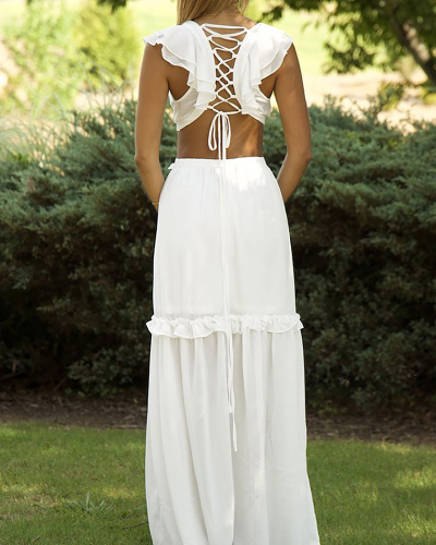 Ruffles Strappy Sexy Cute Solid Color Hollow Out Women Summer Casual Maxi Dresses White Red Green S-2XL