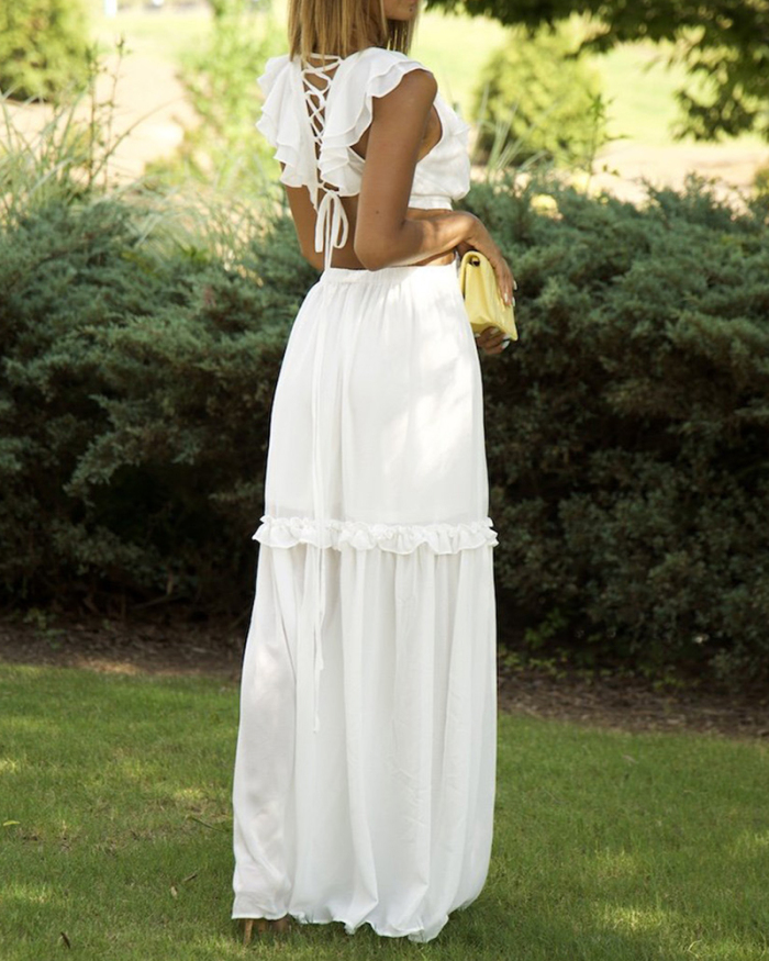 Ruffles Strappy Sexy Cute Solid Color Hollow Out Women Summer Casual Maxi Dresses White Red Green S-2XL