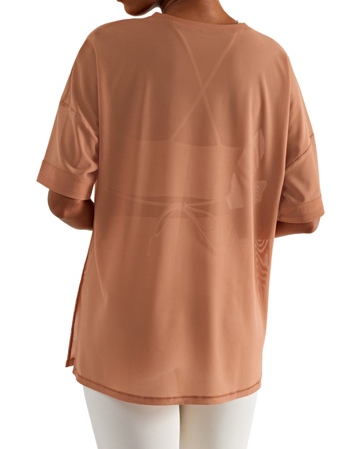 Women Sheer O-neck Sports Mesh Yoga Tops T-shirts Orange White Gray Black 4-10