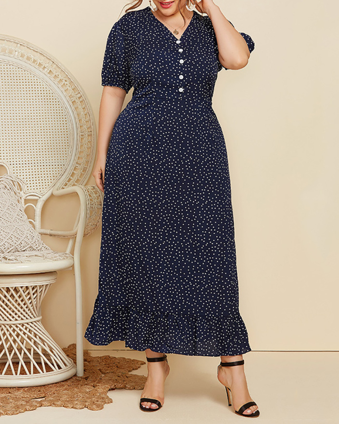 Elegant Short Sleeve V-neck Dot Printed Fashion Women Summer Maxi Plus Size Dresses Deep Blue XL-4XL