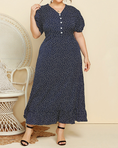 Elegant Short Sleeve V-neck Dot Printed Fashion Women Summer Maxi Plus Size Dresses Deep Blue XL-4XL