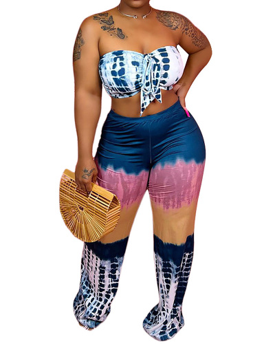 Fashion Sleeveless Women Colorblock Wide Leg Pants Set Plus Size Two Piece Sets Pink Navy Blue XL-4XL
