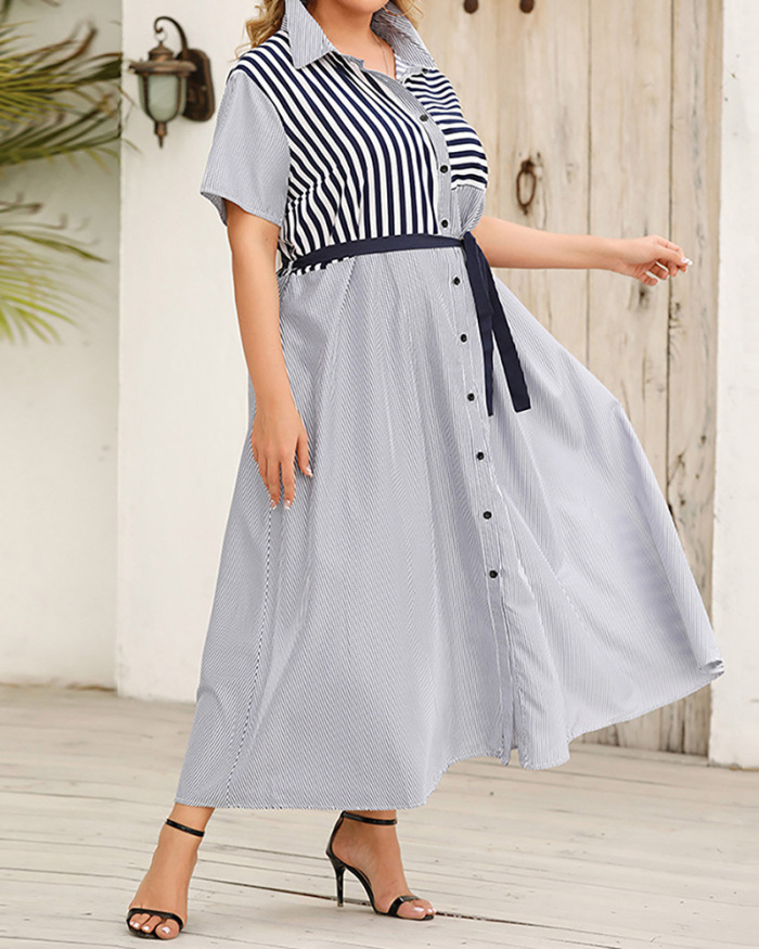 Women Lapel Short Sleeve Colorblock Stripe Maxi Casual Office Lady Shirt Dress Plus Size Dresses XL-4XL