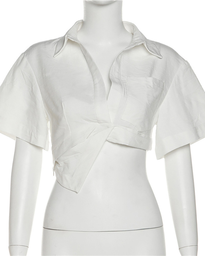 Women Lapel Solid Color Short Sleeve Show Waist Irregular T-shirts White S-L