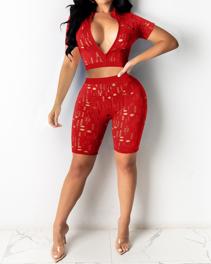 Trendy Sexy Solid Color Women Hollow Out Short Sleeve Crop Top Tight Short Sets Two Pieces Outfit Orange Red Black Blue S-2XL