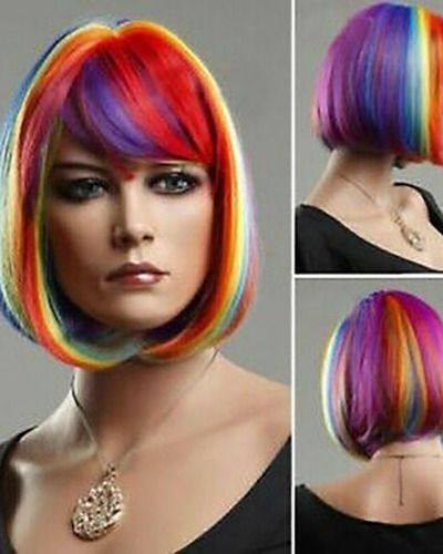 Women Short Straight Rainbow Bob Cosplay Wig Hair Wigs