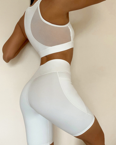 Women Mesh Bra Mesh Pocket Solid Color Sports Wear Yoga Two-piece Suits Green Pink Blue White S-L