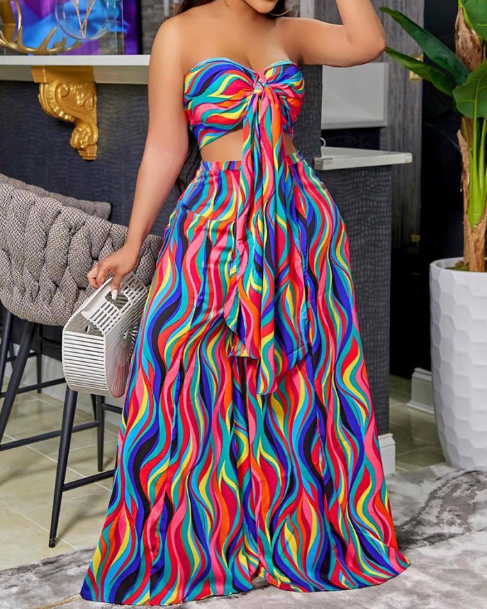 Women Strapless Hollow Out Summer Florals Casual Maxi Dresses Skirt Sets Two Pieces Outfit Blue Red S-2XL