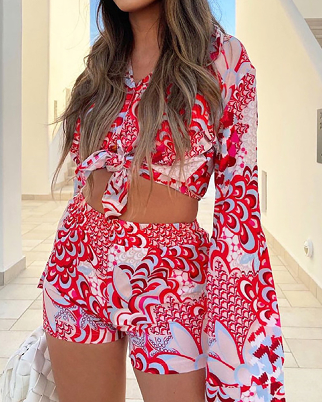 Women Long Sleeve Beach Wear Casual T-shirts Short Sets Two Pieces Outfit Red Blue Yellow Green S-XL