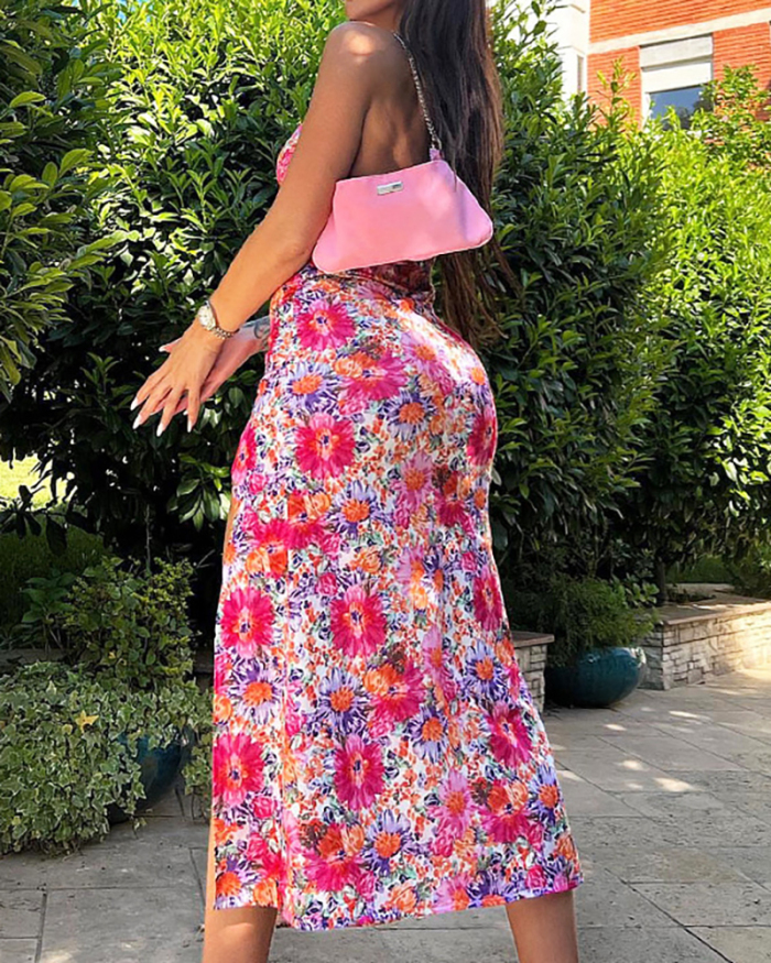 Top Sale Summer Sleeveless Backless Sexy High Slit Floral Dresses S-L