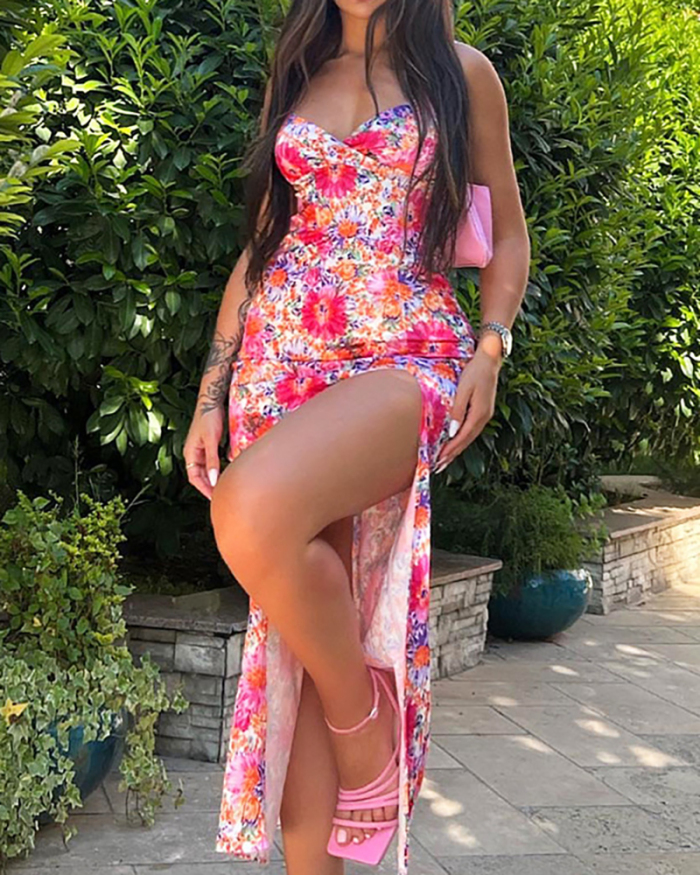 Top Sale Summer Sleeveless Backless Sexy High Slit Floral Dresses S-L