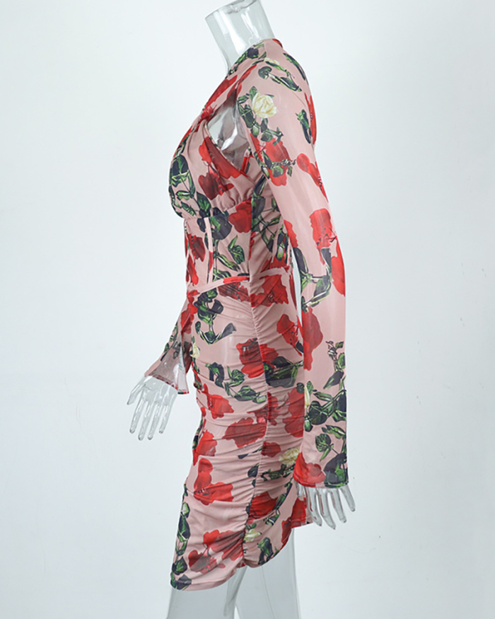 Retro Elegant Florals Women Long Sleeve Hollow Out Criss Cross Zipper Back Ruched Tight Slim Floral Mini Dresses Pink S-L