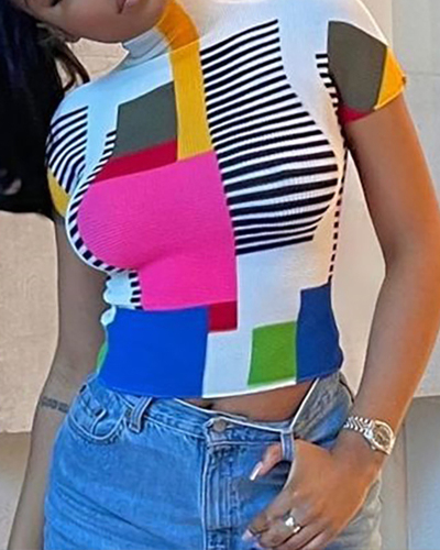 Street Style Women High Neck Short Sleeve Colorblock T-shirt Colorful S-XL