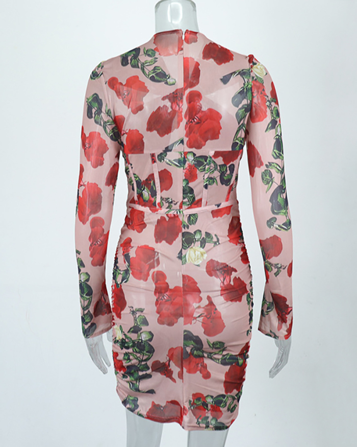 Retro Elegant Florals Women Long Sleeve Hollow Out Criss Cross Zipper Back Ruched Tight Slim Floral Mini Dresses Pink S-L