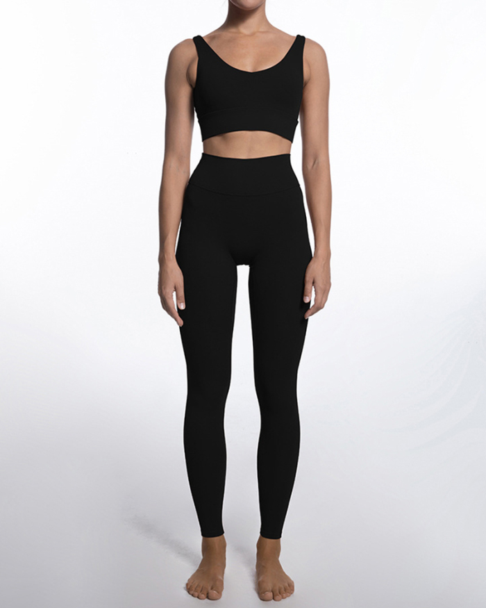 Hot Sale Solid Color Back Criss Cross High Waist Running Training Wear Yoga Two-piece Sets S-L