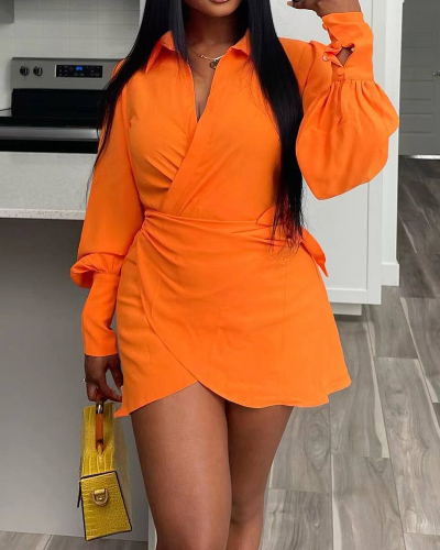 Office Lady Lapel Long Sleeve Solid Color Wrap Dress Shirt Dresses Casual Mini Dresses Orange S-XL