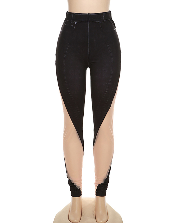 Women Top Sale See Through Mesh Jean Patchwork High Waist Slim Trousers Jean Pants Blue Black S-L