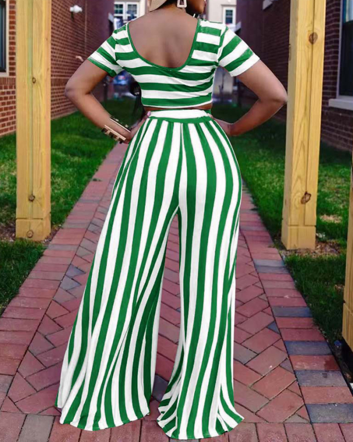 Casual Women Short Sleeve Stripe High Waist Pants Sets Two Pieces Outfit Black Green PiNK S-2XL