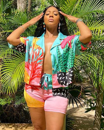 Printed Colorful Women Leisure Holiday Two Piece Short Set S-L