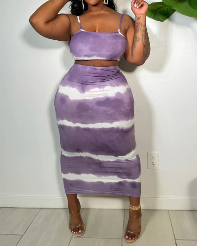 Fashion Women Strap Crop Top High Waist Stripe Slim Skirt Sets Two Pieces Outfit Purple Orange Rosy S-2XL