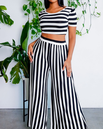 Casual Women Short Sleeve Stripe High Waist Pants Sets Two Pieces Outfit Black Green PiNK S-2XL