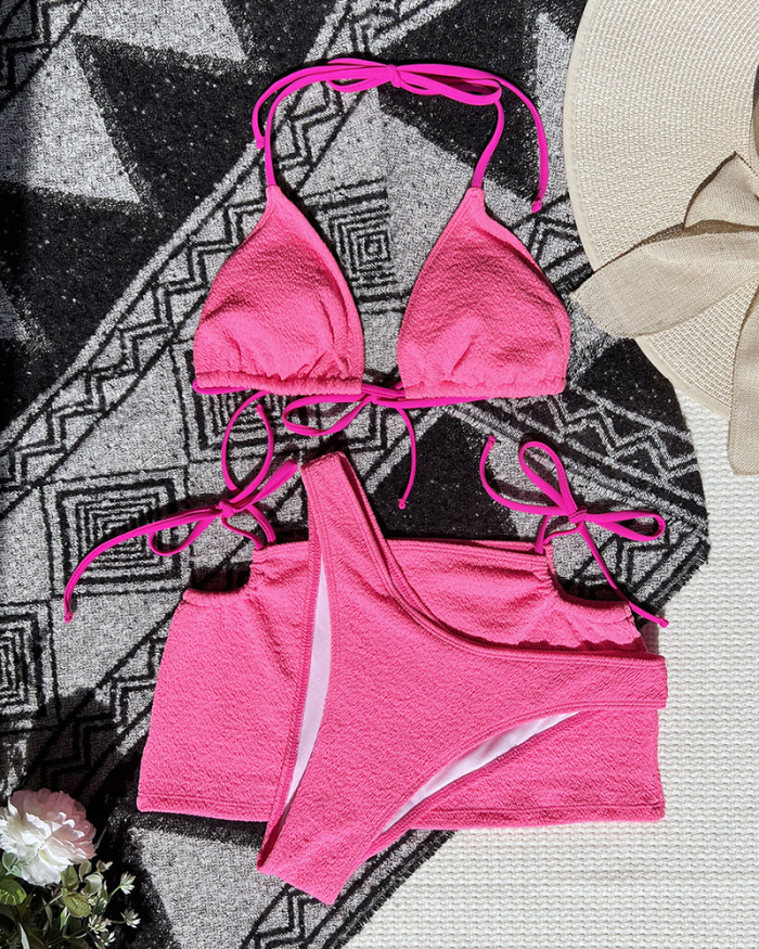 Solid Color Strappy Backless Sexy Women Three-piece Swimsuit Rosy Orange Purple Black S-L