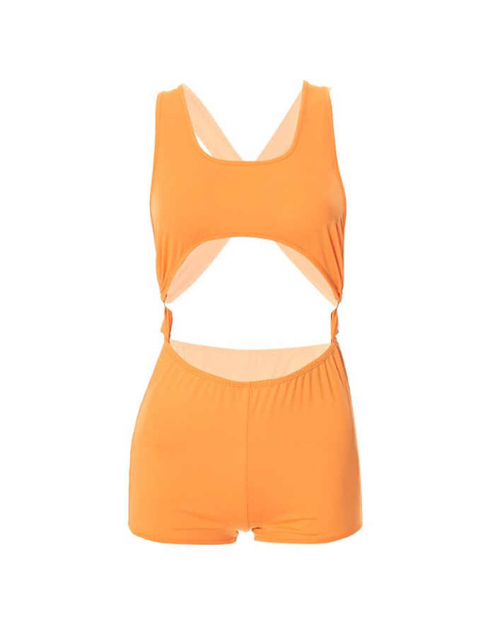 New Hollow Out Sleeveless Solid Color Orange Women Romper S-L
