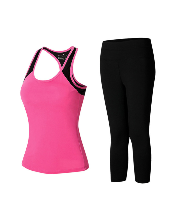 Women Sleeveless Vest Slim Leggings Sports Running Yoga Two-piece Sets Rosy Wine Red Green Yellow M-2XL