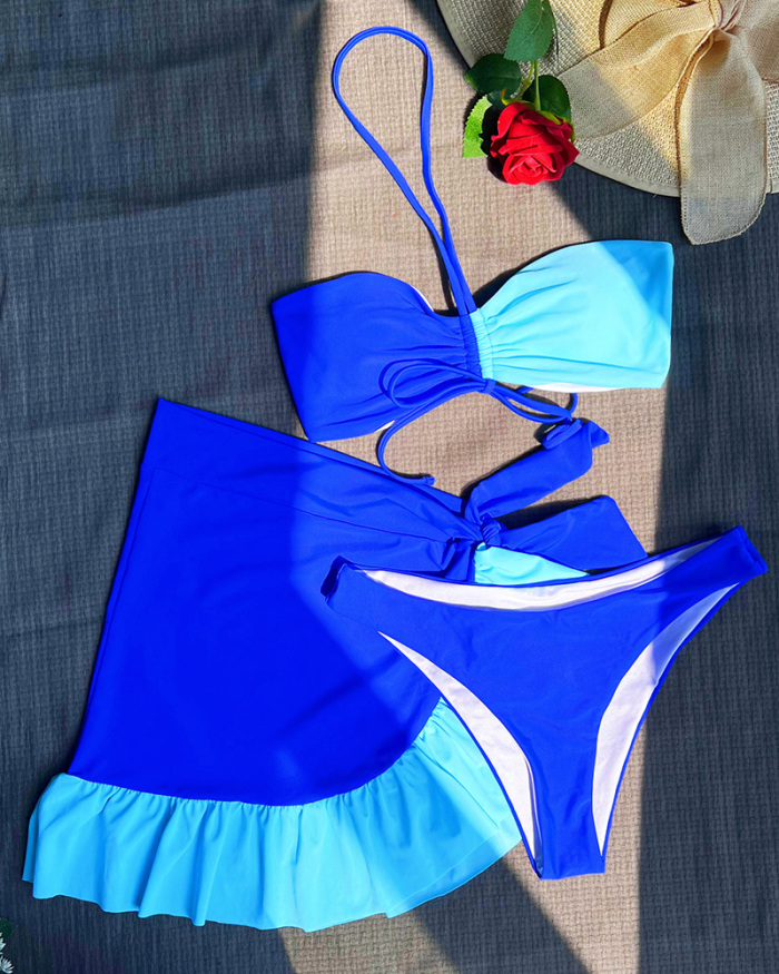 Sexy New Colorblack Halter Neck High Waist Ruffles Three-piece Swimsuit Rosy Blue Coffee S-L