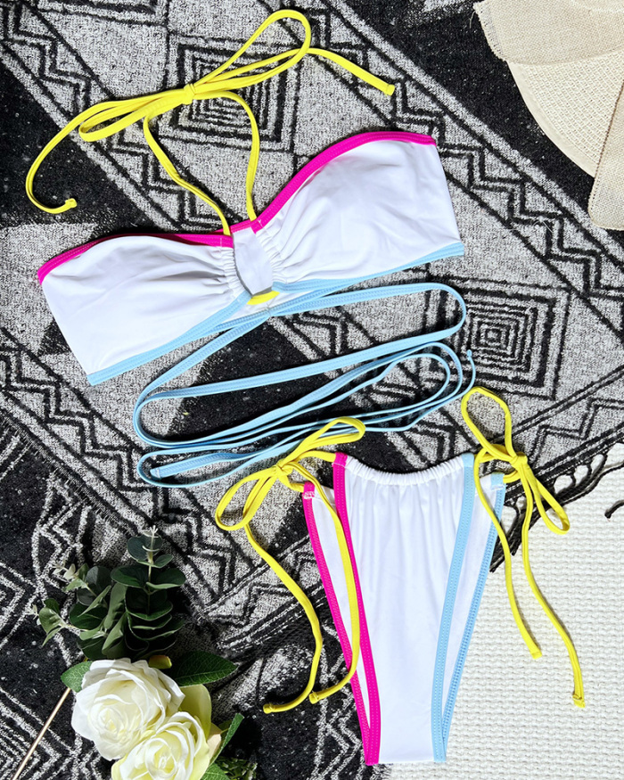 Sexy Women Strappy Halter Neck Backless Colorblock Tie Side String Two-piece Swimsuit Bikini White Black Royal Blue Red S-L