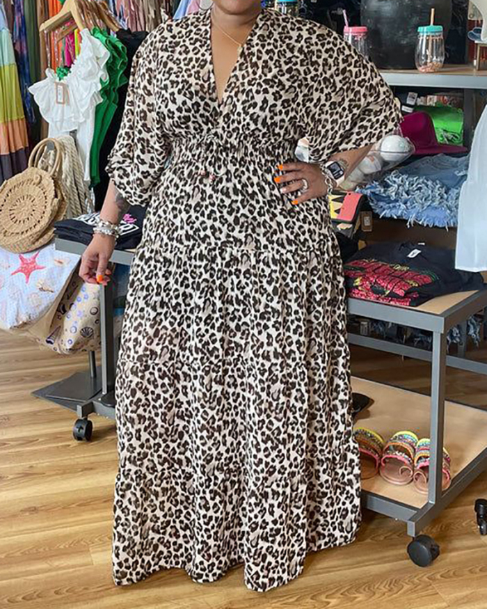 Wholesale Women Deep V Neck Half Sleeve Leopard Printed Maxi Casual Plus Size Dresses L-5XL