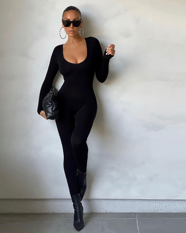 Long Sleeve Solid Color Women Autumn Jumpsuit S-L