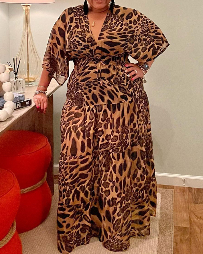 Wholesale Women Deep V Neck Half Sleeve Leopard Printed Maxi Casual Plus Size Dresses L-5XL