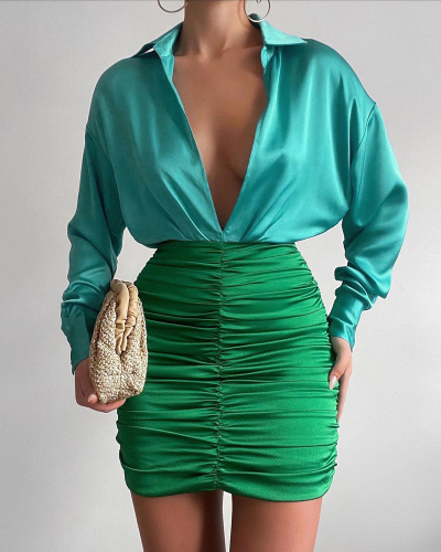 Women Elegant Colorblock Lapel Deep V Neck Long Sleeve Ruched Sexy Mini Dresses Blue Green Rosy Orange S-2XL