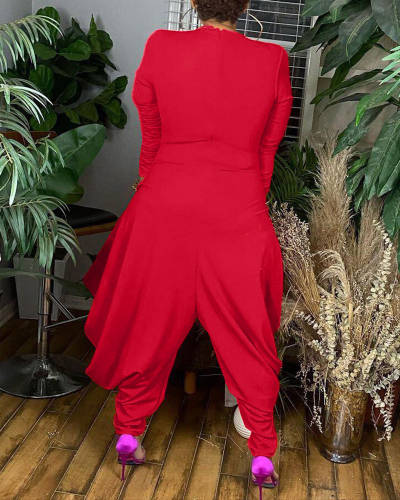 Women Long Sleeve V-neck Hollow Out Ruched Loose Leg Irregular Solid Color Jumpsuits Red S-2XL