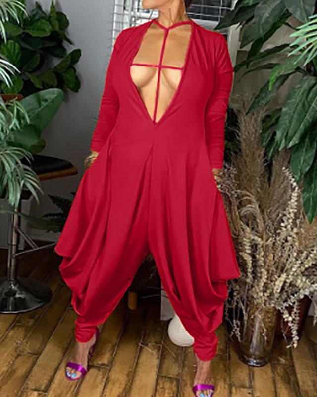 Women Long Sleeve V-neck Hollow Out Ruched Loose Leg Irregular Solid Color Jumpsuits Red S-2XL