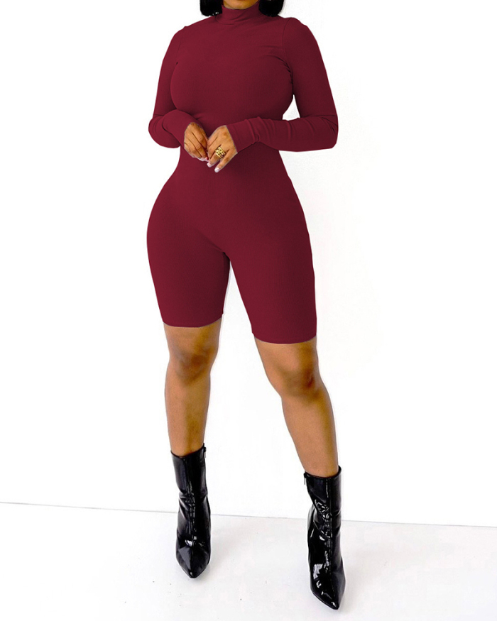 Autumn New Women Long Sleeve Mock Solid Color Slim Rompers Gray Khaki Red Black S-2XL