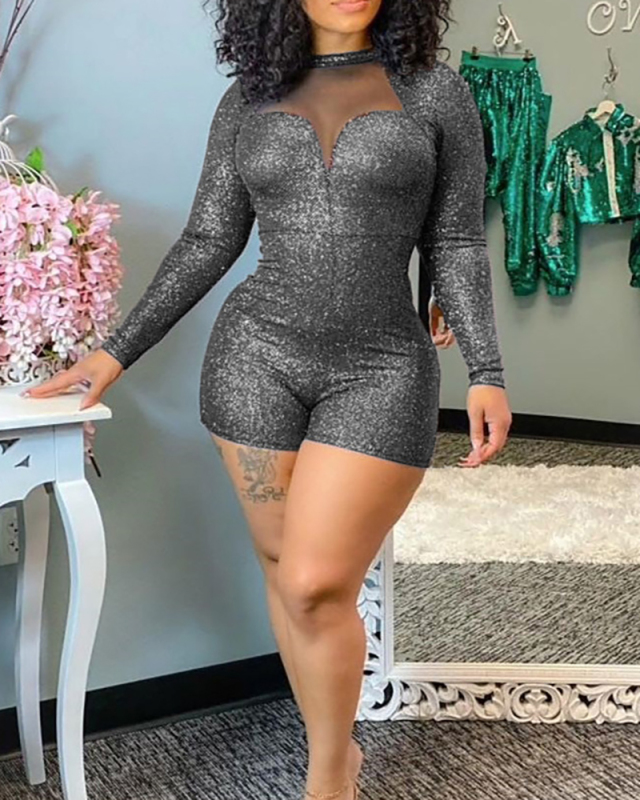 Long Sleeve O-neck Women Short Romper S-3XL
