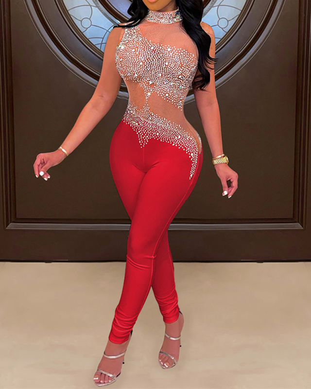 Women Mock Neck Fashion Patchwork Mesh See Through Rhinestones Sleeveless Jumpsuits White Black Red S-2XL